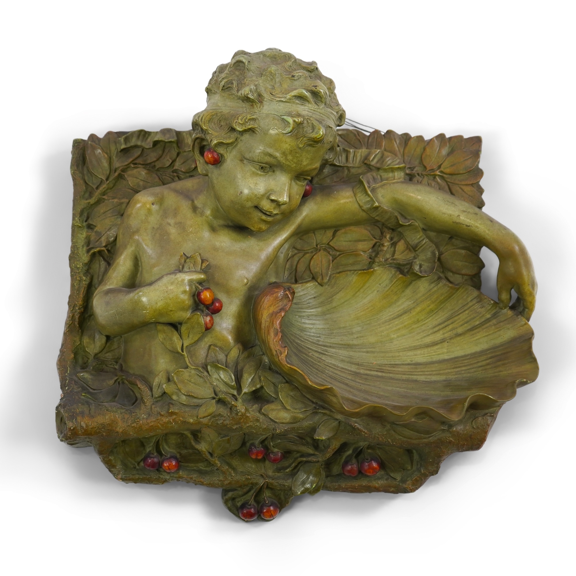 A large Austrian cold painted terracotta wall plaque, by J. Pilar, c.1900
